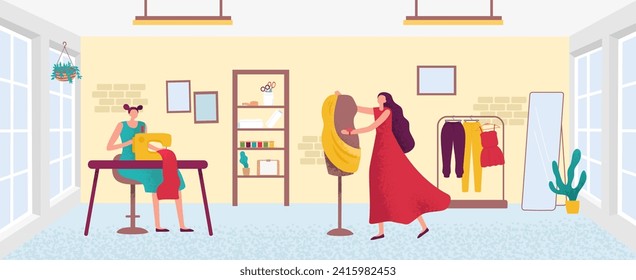 Art studio. Female fashion designer creating modern clothes in workshop. Cartoon workers in atelier making garment on mannequin from textile. Characters having creative hobby or job vector