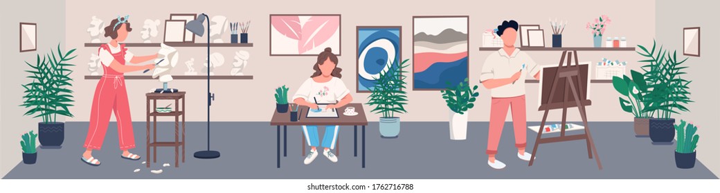 Art studio flat color vector illustration. Marble sculpting, traditional and digital painting activity. Creative hobby, art therapy. Young artists 2D cartoon characters with interior on background