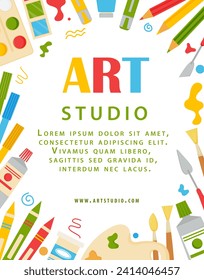 Art studio flyer template. Vectir illustration for poster, invitation, flyer, banner, brochure, advertising. Promo poster for art studio, school, workshop. Painting stationary background.