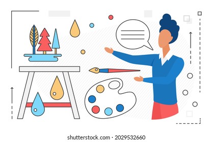 Art studio freelance work, creative design vector illustration. Cartoon designer freelancer character standing with objects to draw line icons overhead, professional artist working isolated on white