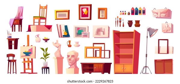 Mobiliario de estudio de arte, elementos de diseño interior aislados en un fondo blanco. Dibujo vectorial de sillas, estanterías, cuadros, esculturas, lámparas, marcos vacíos y lienzos. Taller de artistas