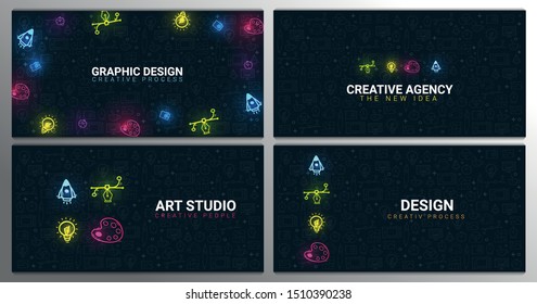 Art Studio, Graphic Design, Creative Agency and Vector Graphic. Set of Backgrounds with doodle design elements