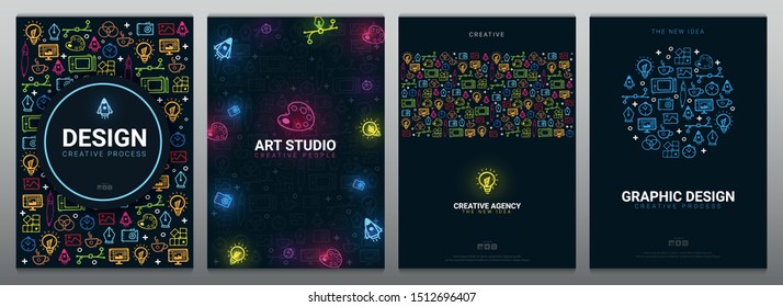 Art Studio, Graphic Design, Creative Agency And Vector Graphic. Set Of Backgrounds With Doodle Design Elements