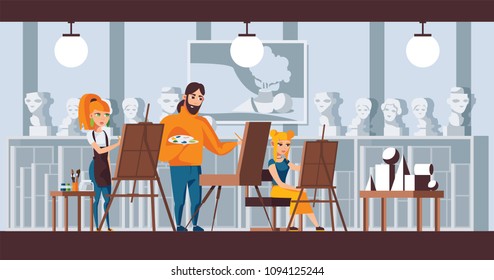 Art studio group scene. Vector horizontal illustration good for fine art courses, studio of watercolor and still life banners. Three characters drawing geometric shapes