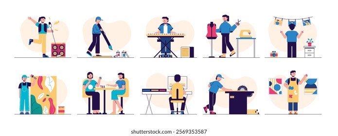 Art studio has many positive activities. Youth creativity. Character design. Vector flat illustration