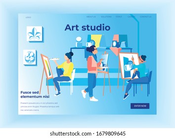 Art Studio Horizontal Banner, People Painting on Canvas during Masterclass, Students in Drawing Academy, Creative Hobby, Painting Occupation, Men and Women Characters Cartoon Flat Vector Illustration