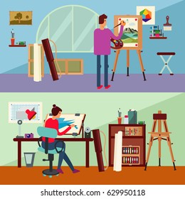 Art studio horizontal banners with working people interior furniture professional equipment and tools vector illustration