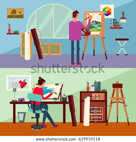 Art studio horizontal banners with working people interior furniture professional equipment and tools vector illustration