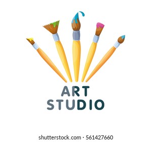 Art studio icon with brushes isolated on white background. Vector logotype.
