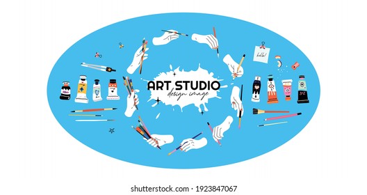 Art studio illustration, logo design. Set of art tools for art shop, market, studio, workshop etc. Education, learning, classes, lessons, artist, painting.