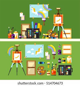 Art Studio illustration. Set of Tools and Materials for Creativity and Painting. Flat Style in Vector
