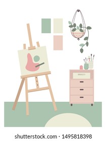 Art studio inspirational interior. Artist's workplace with easel, palette, canvas, paints, brushes and a creative atmosphere. Flat style vector illustration.