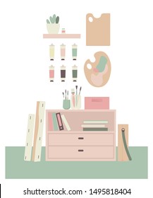 Art studio inspirational interior. Artist's workplace with easel, palette, canvas, paints, brushes and a creative atmosphere. Flat style vector illustration.