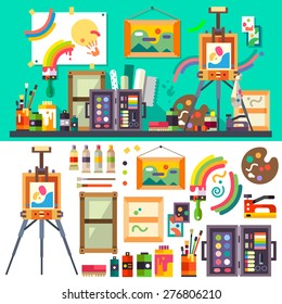 Art studio interior with all tools and materials for painting and creature.  The source of inspiration for the artist. Preparations for exhibition, paint, pictures, brushes
Vector flat illustration