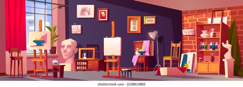 Art studio interior, artist workshop room with stuff and furniture. Picture on easel, canvas, cupboard with paints, still life composition, plaster head and figure, frames, Cartoon vector illustration