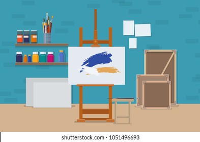 Art studio interior with artistic tools, easel and canvas. Artists creative space. Vector illustration