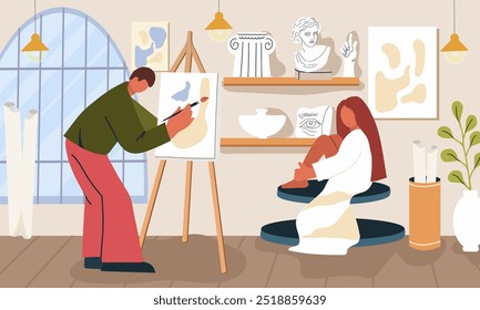 Art studio interior. Classroom, workshop of creative class, drawing school. Painting atelier with paper, canvas on easels, tools, supplies, a model for painting. Hand drawn flat vector illustration.