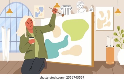 Art studio interior. Classroom, workshop of creative class, drawing school. Painting atelier, a girl passionately painting on a canvas,. Hand drawn flat vector illustration.