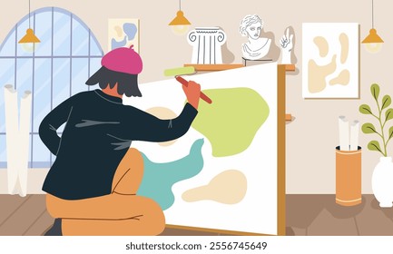 Art studio interior. Classroom, workshop of creative class, drawing school. Painting atelier, a girl passionately painting on a canvas,. Hand drawn flat vector illustration.