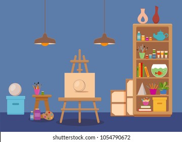 Art studio interior colorful vector illustration. Painter artist workshop room with tools: canvas, easel with sphere sketch, paints, palette, brushes, lamp, shelves with tools, books, pencils, plants 