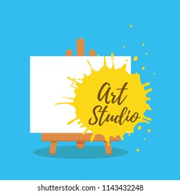 Art studio interior colorful vector illustration. Painter artist workshop room with tools: canvas, easel on watercolor splash background. Drawing creative materials illustration for workshops designs