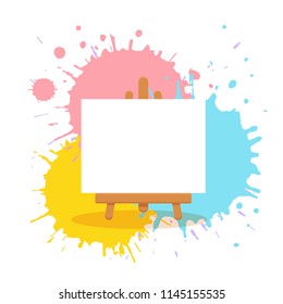 Art studio interior colorful vector illustration. Painter artist workshop room with tools: canvas, easel on watercolor splash background. Drawing creative materials illustration for workshops designs