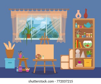 
Art studio interior colorful vector illustration. Painter artist workshop room with window curtains and tools: canvas, easel 
, paints, palette, brushes, shelves with tools, books, pencils, plants
