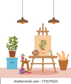 Art studio interior colorful vector illustration. Painter artist workshop room with tools: canvas, easel with Plant sketch, paints, palette, brushes,  pencils, tube, box