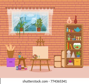 Art studio interior colorful vector illustration. Painter artist workshop room with window curtains and tools: canvas, easel , paints, palette, brushes, shelves with tools, books, pencils, plants