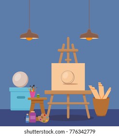 Art studio interior colorful vector illustration. Painter artist workshop room with tools: canvas, easel with sphere sketch, paints, palette, brushes,  pencils, plants, tube, box