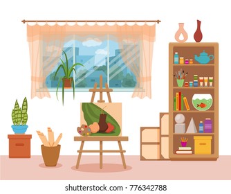 Art Studio Interior Colorful Vector Illustration. Painter Artist Workshop Room With Tools: Canvas, Easel With Turtle
, Paints, Palette, Brushes, Lamp, Shelves With Tools, Books, Pencils, Plants 
