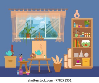 Art studio interior colorful vector illustration. Painter artist workshop room with tools: canvas, easel with turtle
, paints, palette, brushes, lamp, shelves with tools, books, pencils, plants 
