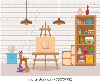 Art Studio Interior Colorful Vector Illustration. Painter Artist Workshop Room With Tools: Canvas, Easel With Sphere Sketch, Paints, Palette, Brushes, Lamp, Shelves With Tools, Books, Pencils, Plants 