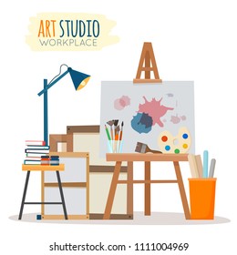 Art studio interior. Creative workshop room with canvas, paints, brushes, easel and pictures. Design salon for artists. Flat cartoon style vector illustration.