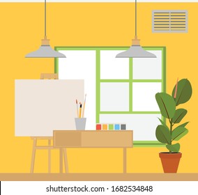 Art studio interior. Creative workshop room with canvas, paints, brushes, easel and pictures. Design salon for artists. Flat style vector illustration.