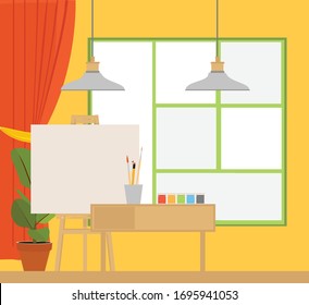 Art studio interior. Creative workshop room with canvas, paints, brushes, easel and pictures. Design salon for artists. Flat style vector illustration.
