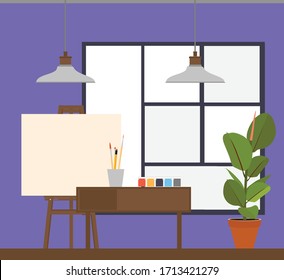 Art studio interior. Creative workshop room with canvas, paints, brushes, easel and pictures. Design salon for artists. Flat style vector illustration.