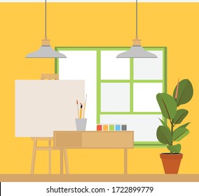 Art Studio Interior. Creative Workshop Room With Canvas, Paints, Brushes, Easel And Pictures. Design Salon For Artists. Flat Style Vector Illustration.