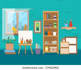 Art studio interior. Creative workshop room with canvas, paints, brushes, easel and pictures. Design salon for artists. Flat style vector illustration.