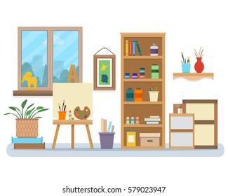 Art studio interior. Creative workshop room with canvas, paints, brushes, easel and pictures. Design salon for artists. Flat style vector illustration.