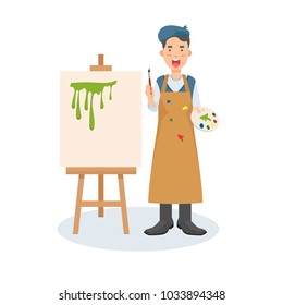 Art studio interior. Male artist drawing. Creative workshop room with canvas, paints, brushes, easel and pictures. Design salon. Flat style vector illustration.