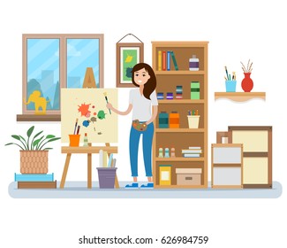 Art studio interior. Woman artist drawing. Creative workshop room with canvas, paints, brushes, easel and pictures. Design salon. Flat style vector illustration.
