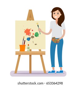 Art studio interior. Woman artist drawing. Creative workshop room with canvas, paints, brushes, easel and pictures. Design salon. Flat style vector illustration.