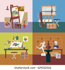Art studio interiors square concept with professional painting graphic design and sculpture equipment vector illustration