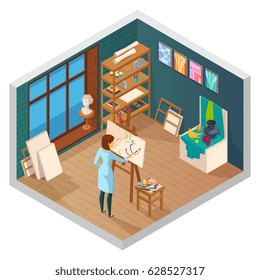 Art studio isometric interior of classroom with window shelves paintings and female painter character at work vector illustration