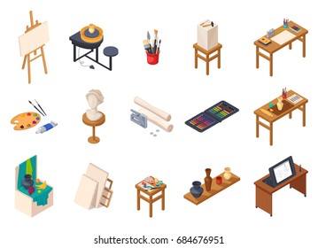 Art studio isometric interior elements collection with isolated painting equipment desks tables shelves with training samples vector illustration