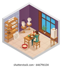 Art studio isometric interior with female sculptor at the table with training samples equipment and window vector illustration