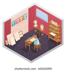 Art studio isometric interior with teaching room interior painting materials shelves and female character at table vector illustration 