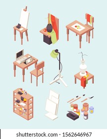 Art studio. Items for artists paints brushes with easels working tools for designers vector isometric collection