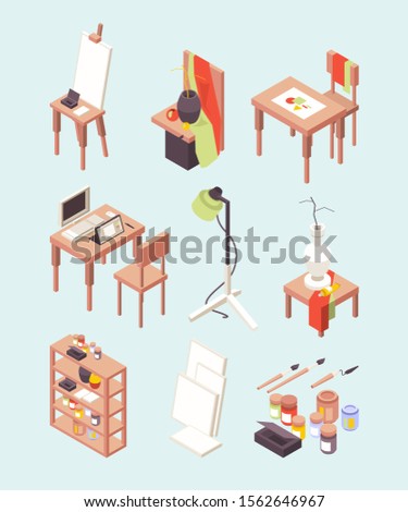 Art studio. Items for artists paints brushes with easels working tools for designers vector isometric collection